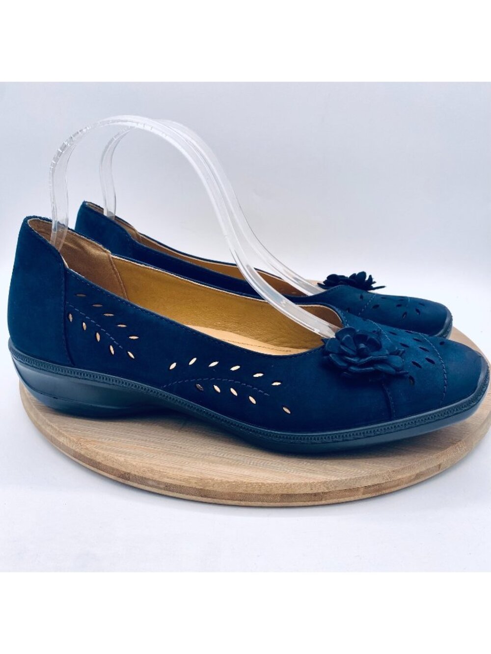 Hotter Shoes Womens 9.5 Blue Leather Slip On Comfort Perforated Flats Flower